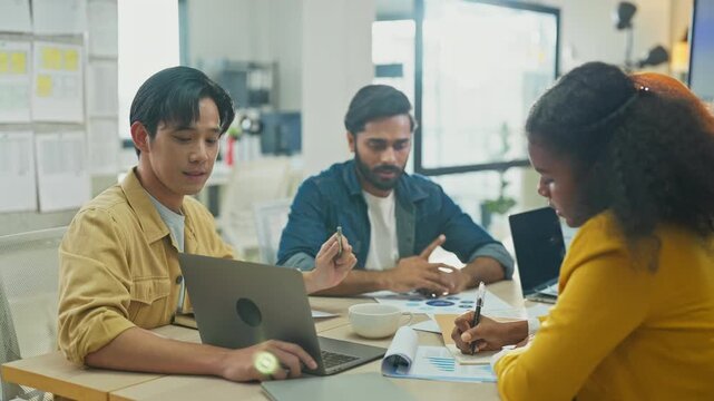 Diverse multiethnic fintech professionals collaborate in agile hackathon workshop, sharing adaptive business strategies through AI-powered big data analytics for exponential growth and convergent