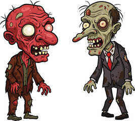 Cartoon zombie characters, funny undead illustration, Halloween horror artwork, creepy monster drawing, spooky grotesque figures, scary costume design, comic style