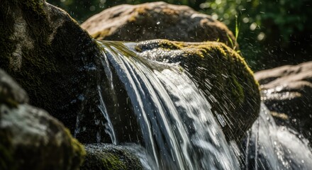 Waterfall flowing over mossy rocks in sunny nature scene close-up