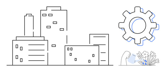 Buildings aligned with a gear icon symbolizing industrial progress paired with a hand watering flowers representing care, sustainability, and balance. Ideal for urban development, sustainability