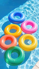 Colorful tubes float on clear, rippled pool water
