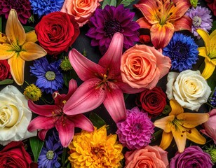 Floral bloom mix; roses, lilies, & dahlias; bright colors
