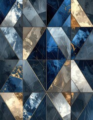 Triangular mosaic with blue, gray, and gold marble patterns