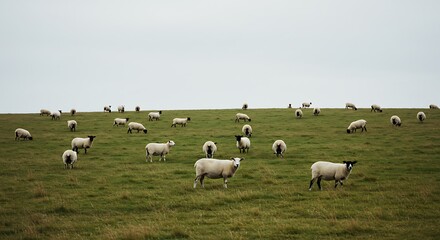 Fototapeta premium Flock of sheep grazing on a grassy hill under a cloudy sky