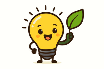 Cheerful Lightbulb Character Holding Leaf Symbolizing Green Energy
