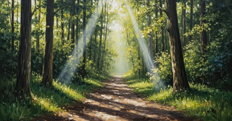 Obraz premium Pathway winding through a lush forest, bathed in sunlight that streams through the canopy, creating a tranquil and ethereal atmosphere, with a dirt path leading into the bright light.
