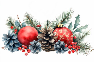 Festive watercolor illustration featuring red Christmas ornaments, pine cones, and evergreen branches, creating a joyful holiday atmosphere with natural elements