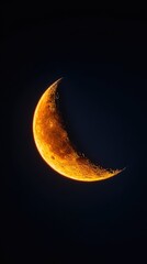 Fiery crescent moon in dark night sky
