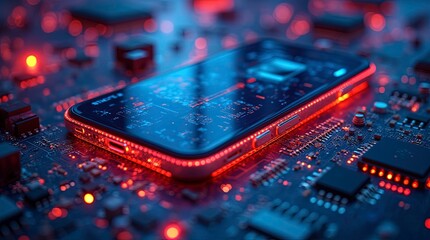 Futuristic smartphone integrated into a glowing cyberpunk circuit board illuminated red and blue lights. AI Generative