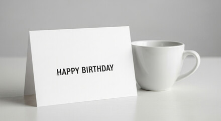 Minimalist Happy Birthday greeting card next to a white ceramic coffee mug on table