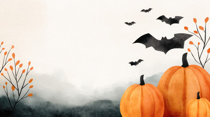 Halloween-themed illustration featuring vibrant pumpkins, flying bats, and autumn foliage against a soft, atmospheric background with copy space