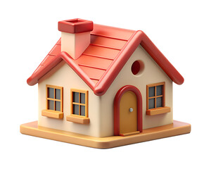 3d icon of small cartoon house with red roof isolated on transparent background