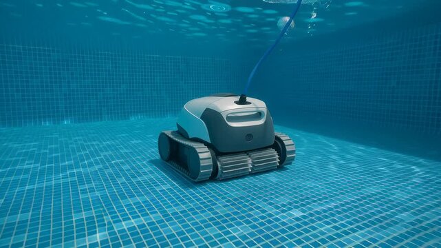 pool cleaning robot submerged underwater scrubbing tiled swimming pool floor with advanced technology for automatic maintenance hygiene cleaning and modern pool care solution
