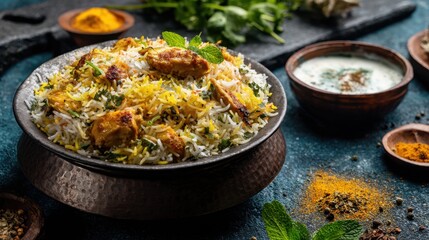 Traditional Indian Biryani Rice Dish with Spices and Fresh Herbs in a Rustic Setting
