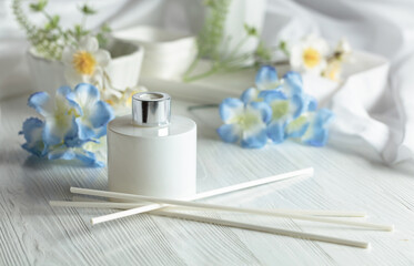 Aromatic scent of reed diffuser white glass bottle.
