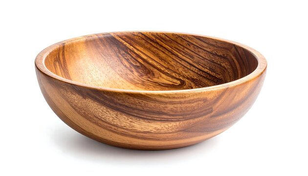 A wide, shallow, wooden bowl with rich, swirling grain patterns, isolated on a white background - Powered by Adobe