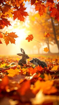 Autumnal scene with rabbit and hedgehog amidst falling leaves and warm sunlight