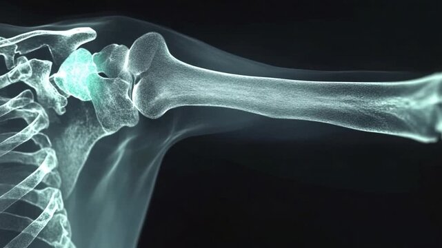 Medical X-Ray of Shoulder: The detailed X-ray showcases the complex anatomy of the shoulder joint, including the humerus, scapula, and clavicle. An excellent visual aid for medical presentations.
