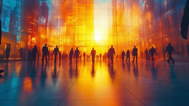 Urban Symphony: Silhouetted figures traverse a luminous cityscape, where golden light washes over architectural forms, creating a vibrant and modern tableau of city life.
