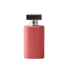Elegant coral fragrance bottle on a sleek black backdrop creating a minimalist statement
