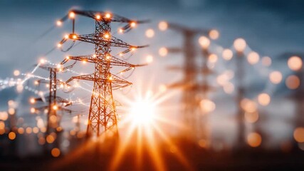 Energy Infrastructure: A network of towering power lines and electric grid infrastructure, with digital data streams, powering a modern world. - Powered by Adobe