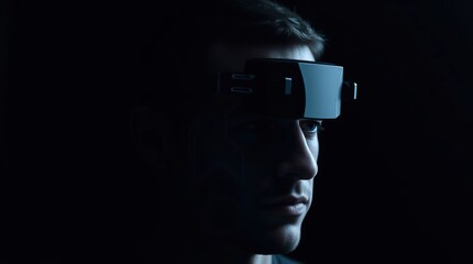 Man wearing VR headset with dark background.