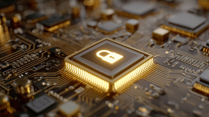 Glowing Golden Lock Icon Embedded on Illuminated Circuit Board Representing Digital Security and Technology Protection