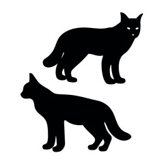 Two silhouetted black cats standing against a white background
