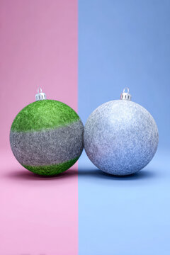 Beautifully crafted Christmas ornaments resting on a pink and blue background, showcasing modern holiday decor styles