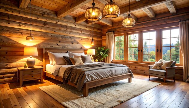 Cozy log cabin bedroom with warm lighting