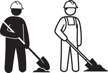 Two construction workers digging with shovels silhouette