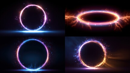 Glowing portal set with energy rings, lightning bolts, sparks, and vibrant ethereal light.