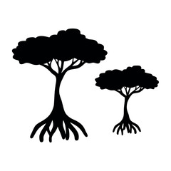 Silhouetted mangrove trees with exposed root systems against a white background