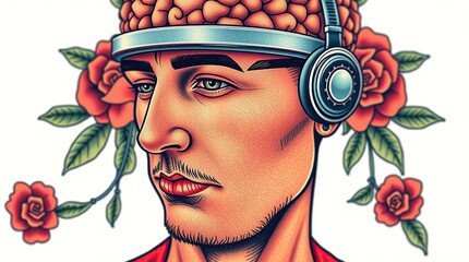 Man with Brain, Headphones, and Roses.
