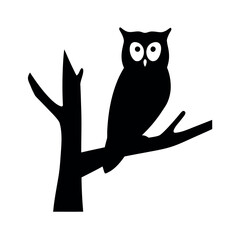 Silhouette of an owl perched on a bare tree branch against a white background