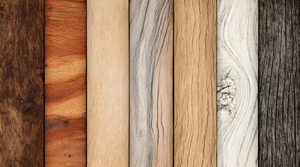 A diverse collection of vertical wood panels showcases a variety of natural colors grains and textures