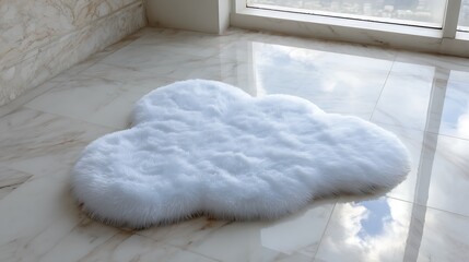 Fluffy cloud shaped rug in white on marble floor surface near window