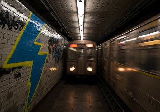 Subway train interior view graffiti