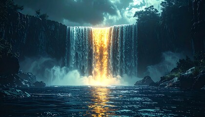 Waterfall glows at night