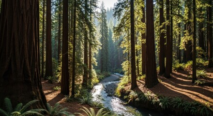 Sunlight streams through ancient redwood trees lining a winding creek