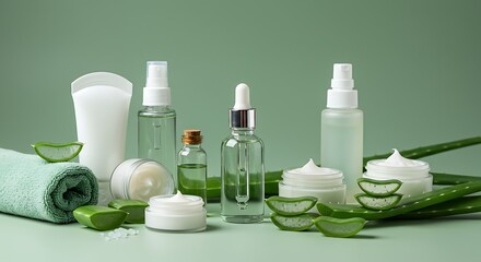 Skincare products with aloe vera leaves against a green backdrop