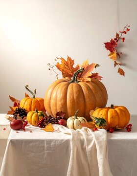 Autumnal still life of pumpkins, leaves, and berries on a linen tablecloth