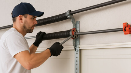 Technician in uniform repairing garage door spring with wrench tool for residential maintenance service mechanical adjustment safety repair and home garage door operation