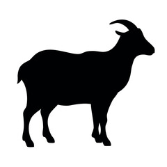 Silhouette of a standing goat with horns facing left on a white background