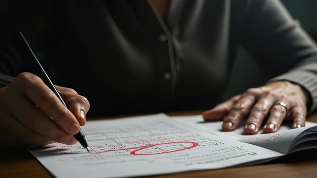 Proofreading document with red pen for errors, marking important informations
