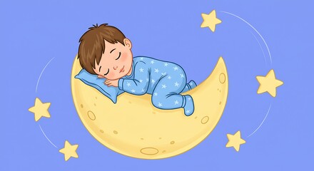 Sleeping child on crescent moon with stars in a dreamy illustration