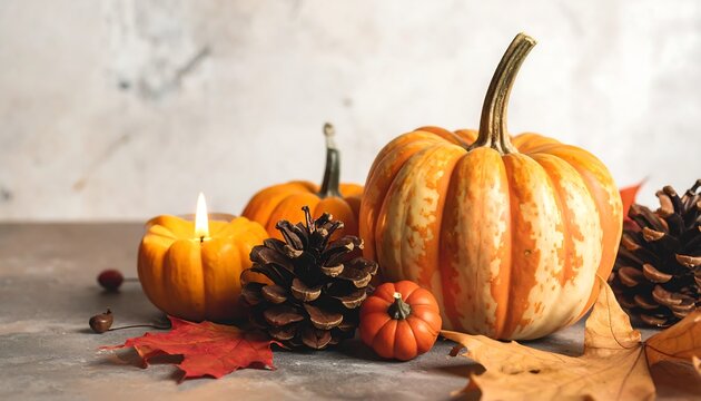 Autumnal still life with pumpkins, pine cones, and fall leaves