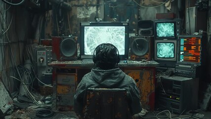 Person in front of multiple screens, a cyberpunk aesthetic. - Powered by Adobe