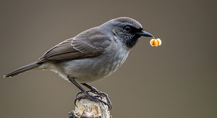 Small bird perched with food outdoor nature background natural light