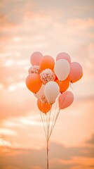 Colorful balloons floating in sunset sky
